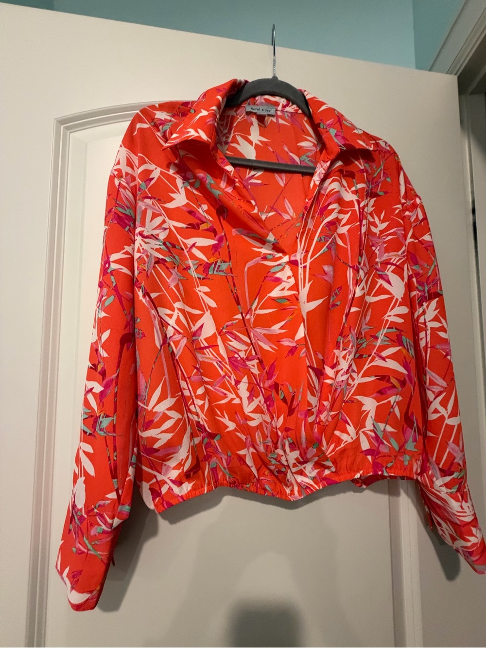Vibrant Orange Floral Cropped Blouse with Collared V-Neck